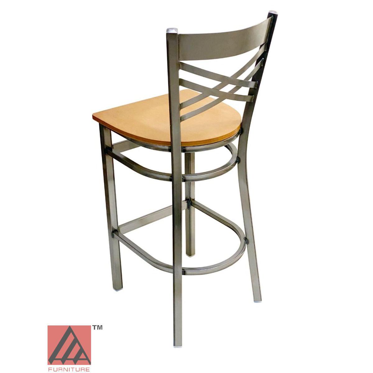 AAA Furniture Crisscross Back 43" Clear Coat Metal Bar Stool with Natural Wood Seat