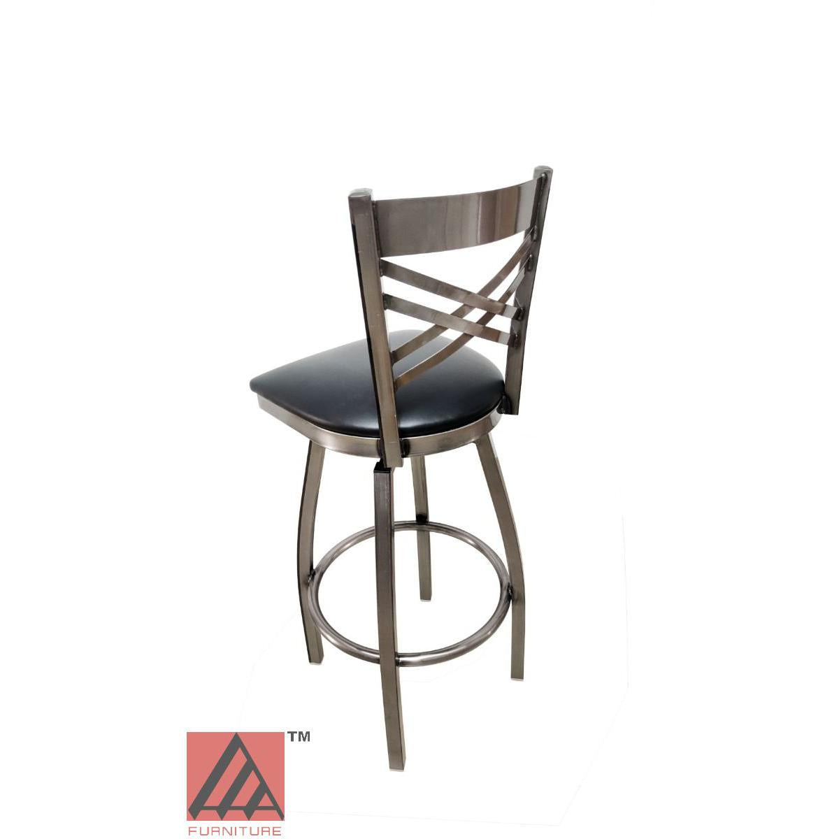 AAA Furniture Metal Crisscross Back Swivel 43" Clear Coat Metal Bar Stool with Claret Grade 5 Vinyl Seat