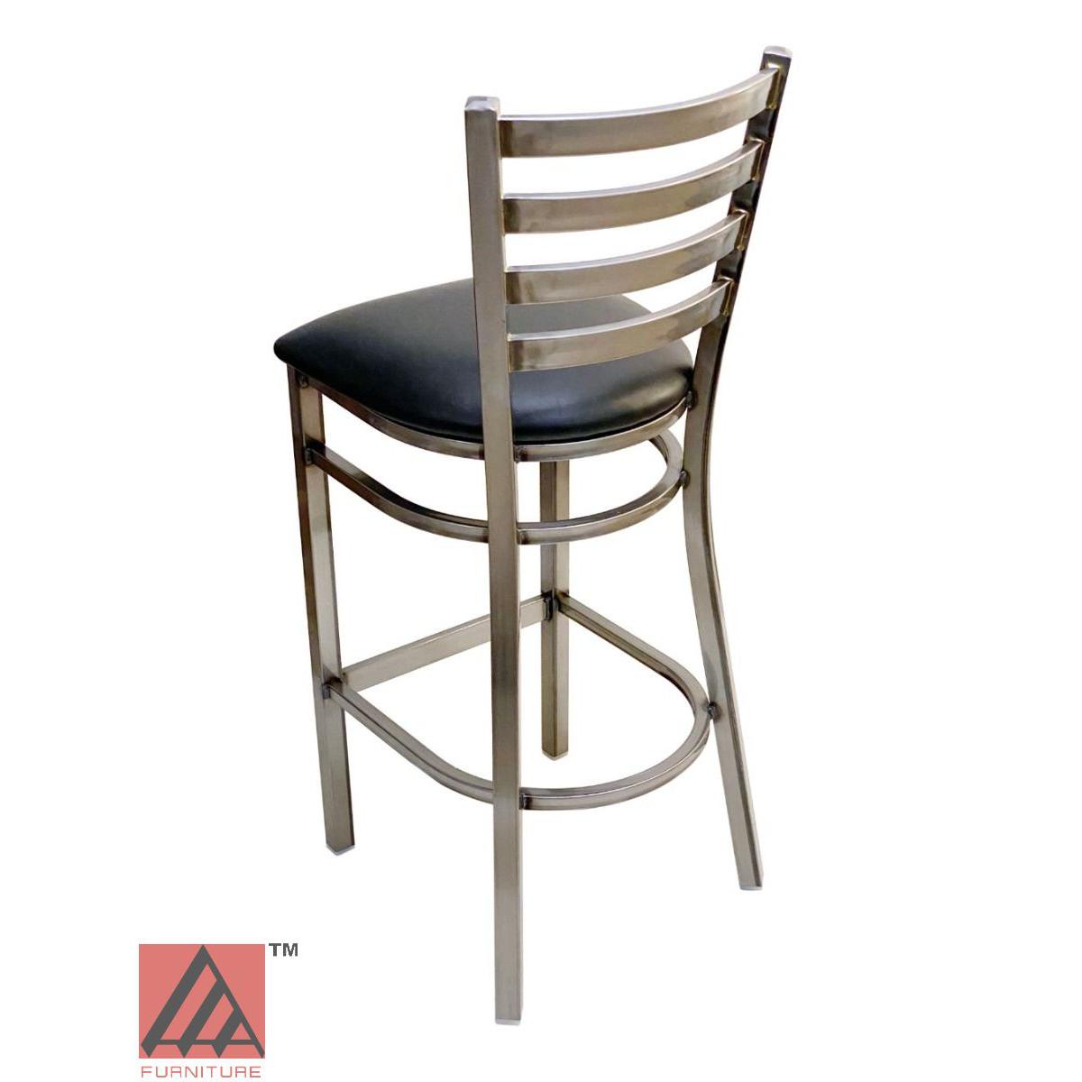 AAA Furniture Metal Ladder Back 43" Clear Coat Metal Bar Stool with Black Grade 4 Vinyl Seat