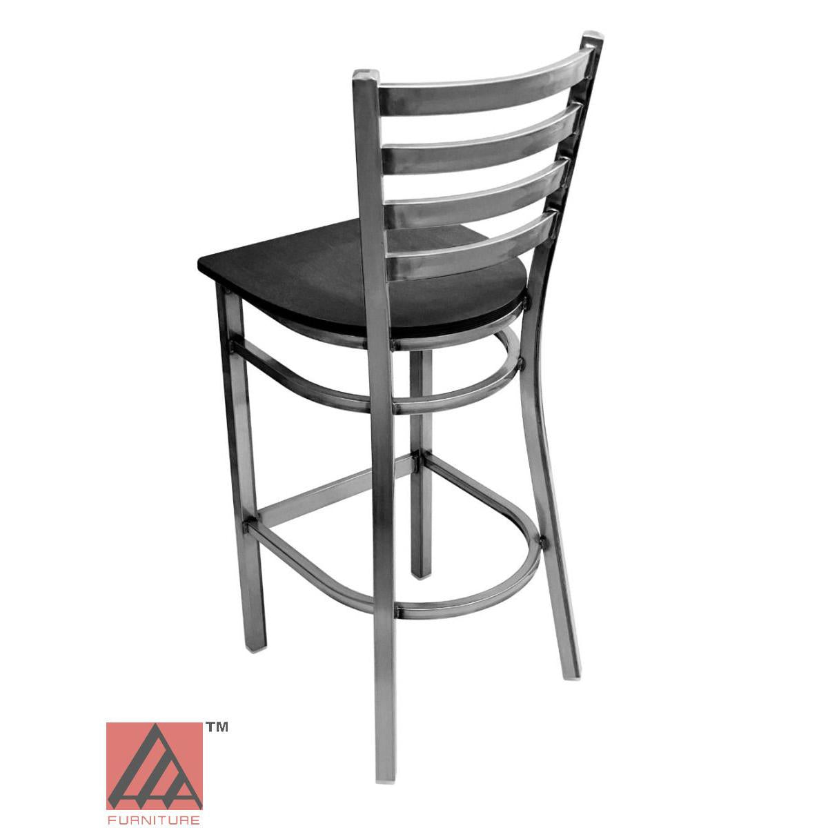 AAA Furniture Metal Ladder Back 43" Clear Coat Metal Bar Stool with Black Wood Seat
