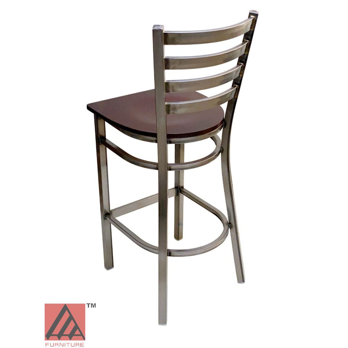 AAA Furniture Metal Ladder Back 43" Clear Coat Metal Bar Stool with Brown Wood Seat