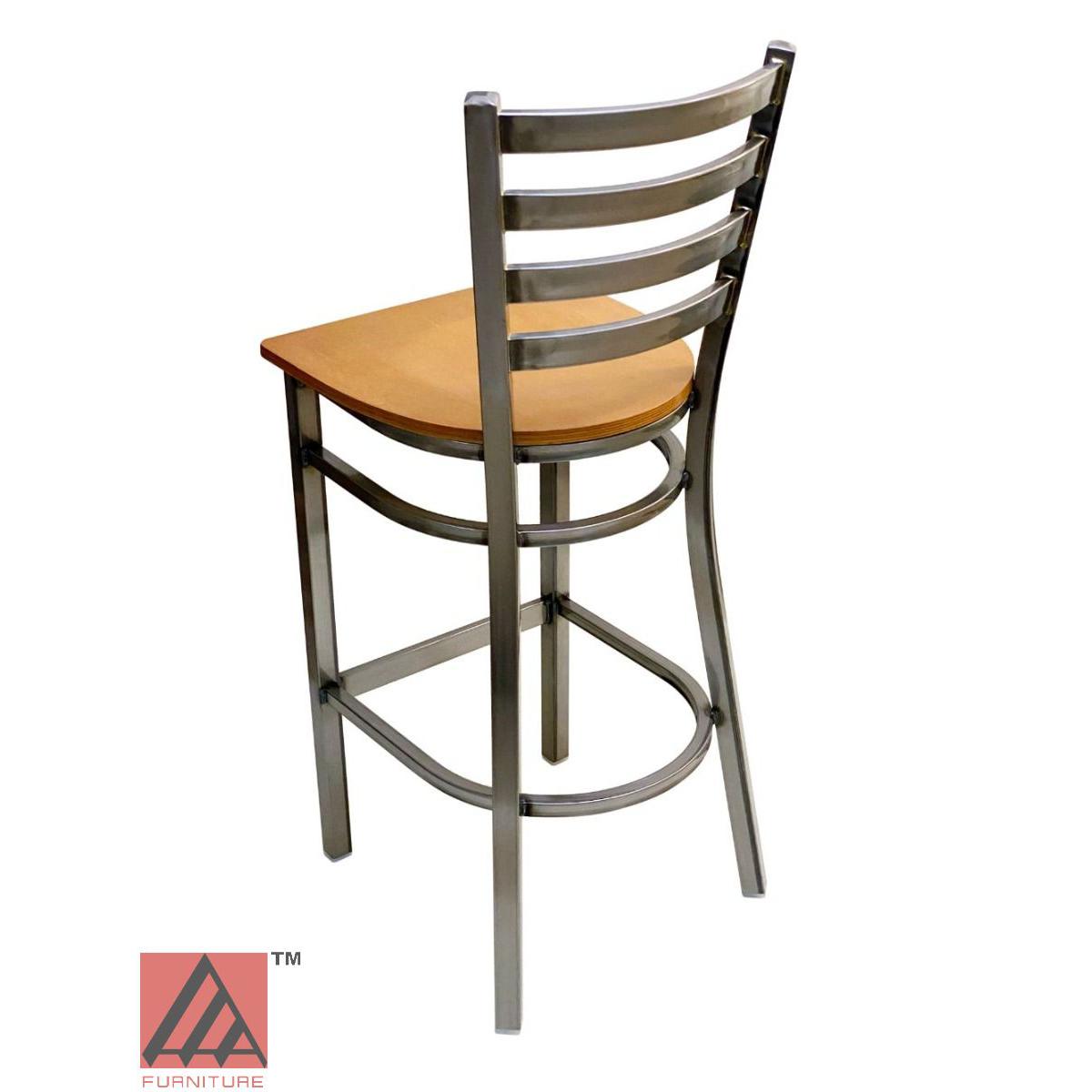 AAA Furniture Metal Ladder Back 43" Clear Coat Metal Bar Stool with Natural Wood Seat