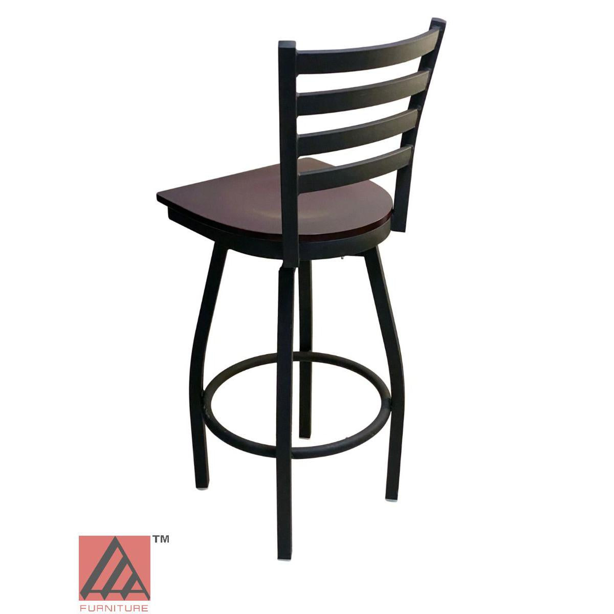 AAA Furniture Metal Ladder Back Swivel 43" Black Metal Bar Stool with Brown Wood Seat