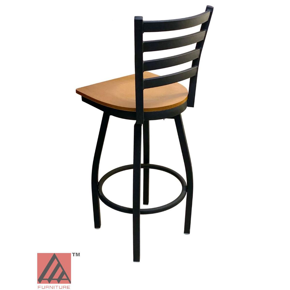 AAA Furniture Metal Ladder Back Swivel 43" Black Metal Bar Stool with Natural Wood Seat