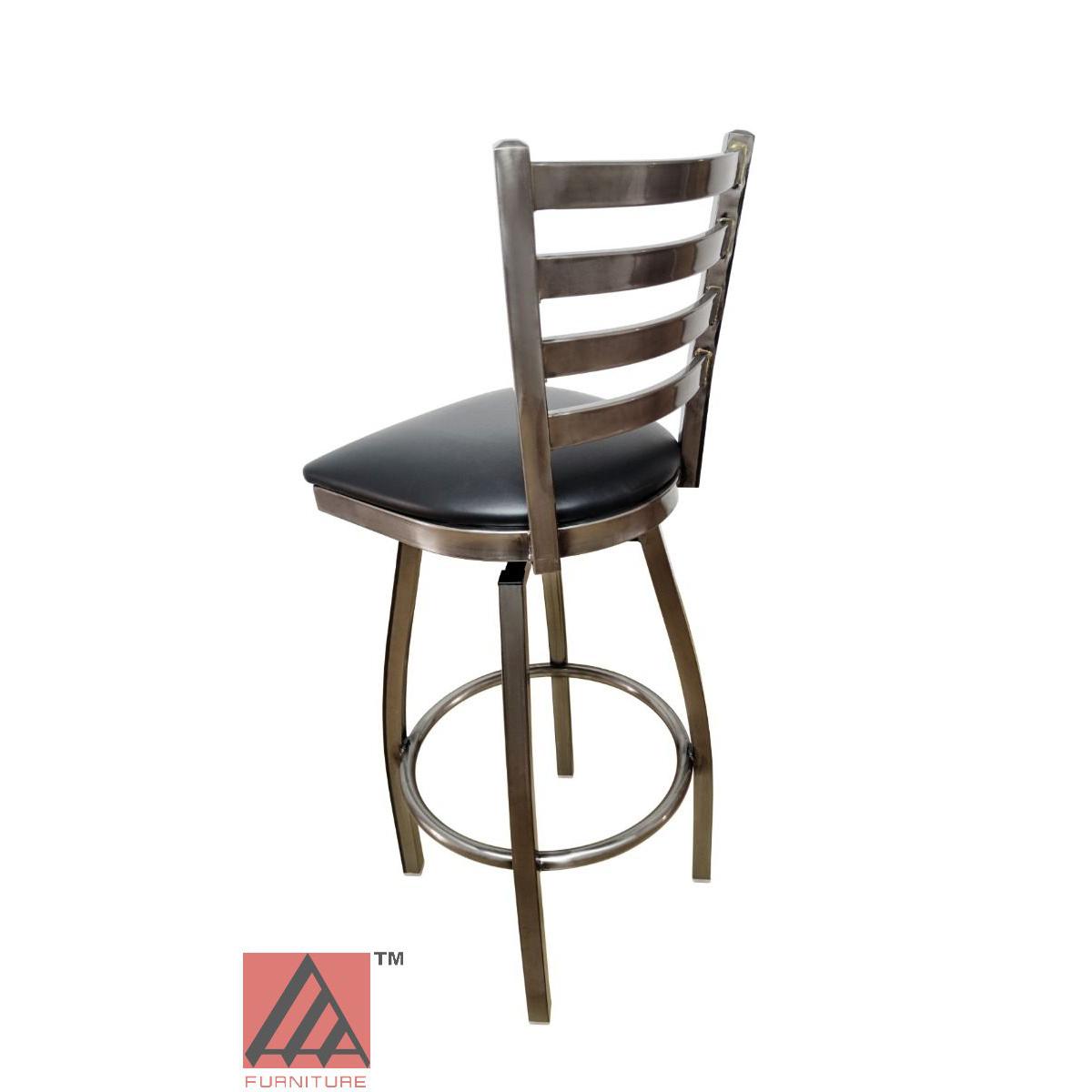 AAA Furniture Metal Ladder Back Swivel 43" Clear Coat Metal Bar Stool with Black Grade 4 Vinyl Seat