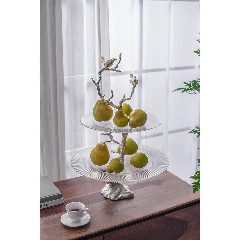 A&B Home 16" x 24" Bundle of 24 Atelier Two-Tier Clear Serving Plates With Winding Branch Shape and Charming Bird Ornaments