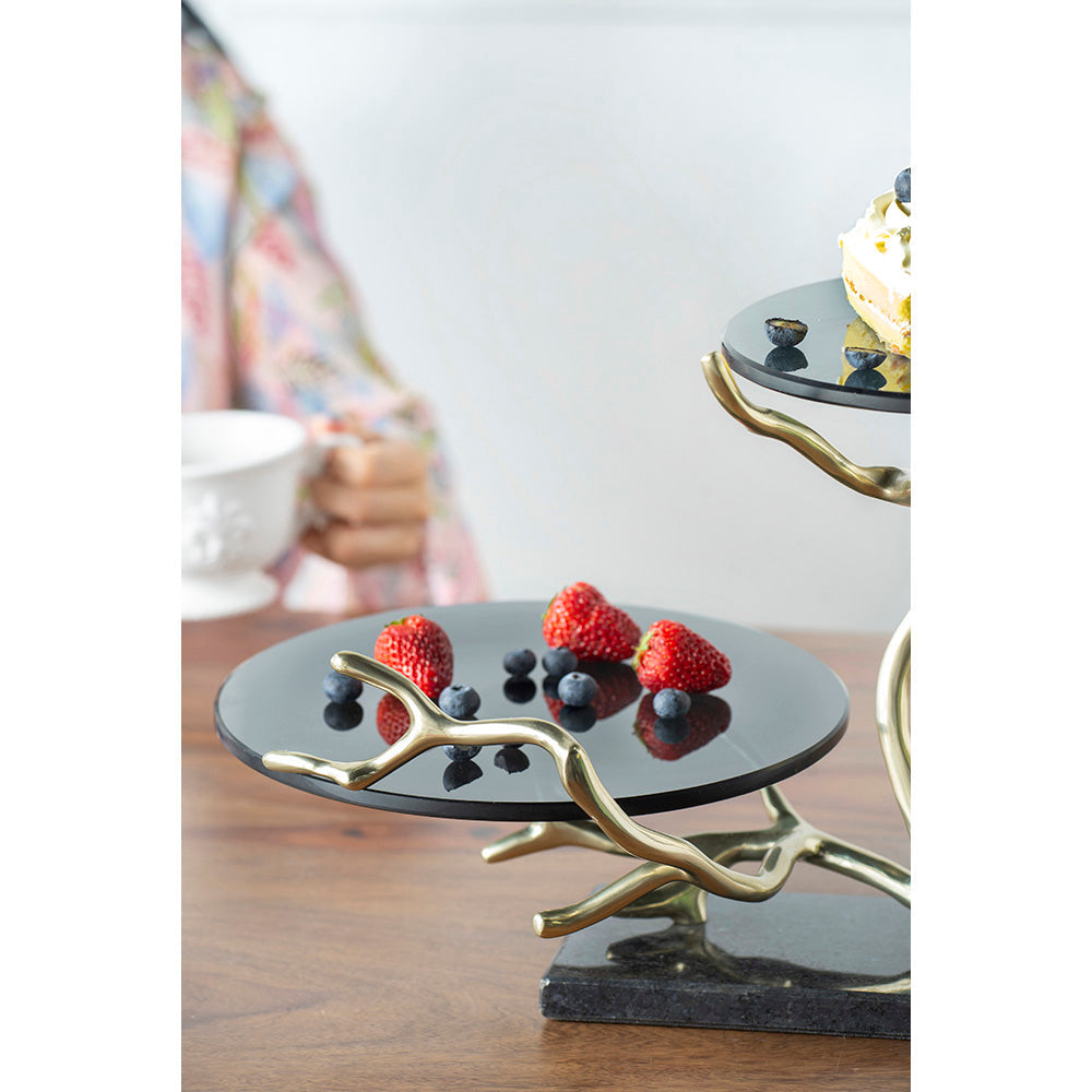 A&B Home 17" x 12" Bundle of 14 Two-Tier Cake Stand With Black Float Glass Stand and Polished Gold Accent