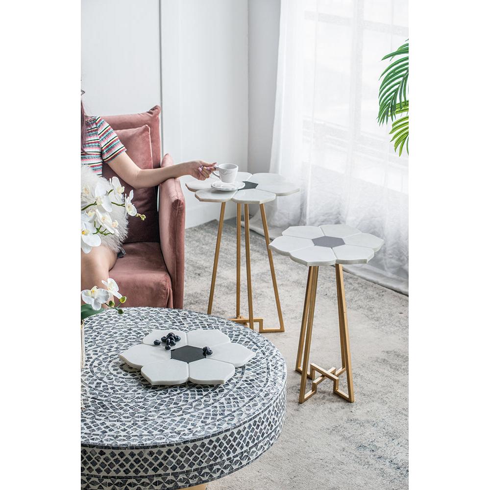 A&B Home 18" x 24" Bundle of 15 White Flower-Shaped Marble Tabletop With Gold Legs Accent Table