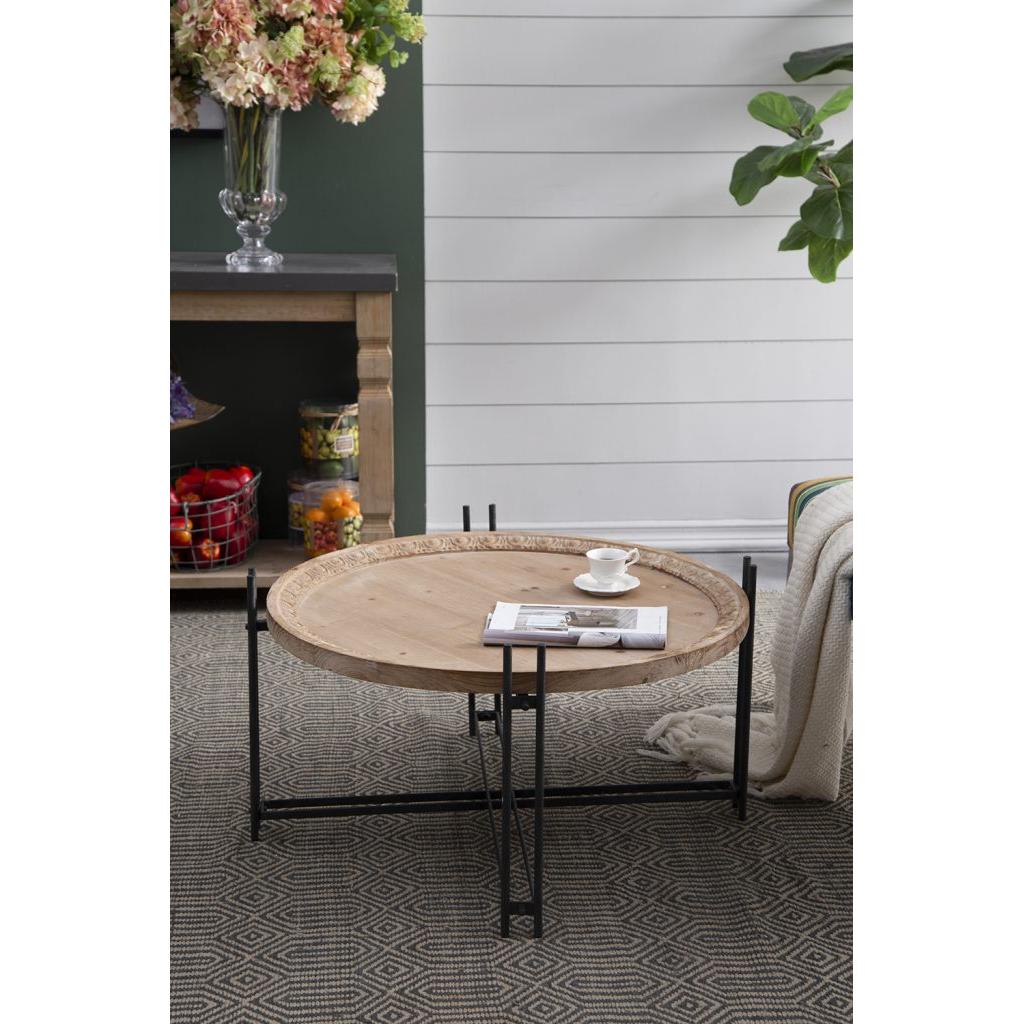 A&B Home 32" x 18" Bundle of 11 Round Black Metal Frame Coffee Table With Natural Brown Tabletop