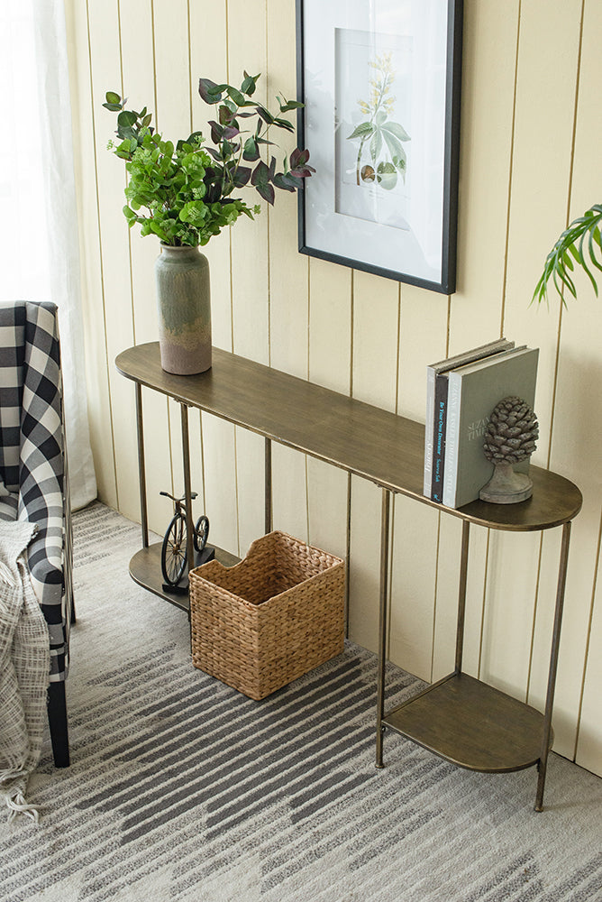 A&B Home 57" x 31" Bundle of 12 Oval Bronze Tabletop With Two Matching Shelves Console Table