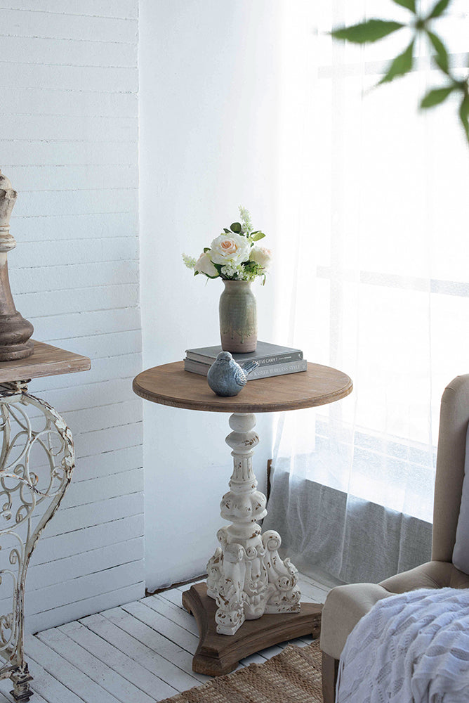 A&B Home Alcott 22" x 27" Bundle of 12 Round Natural Wood Tabletop and Antique White Side Table