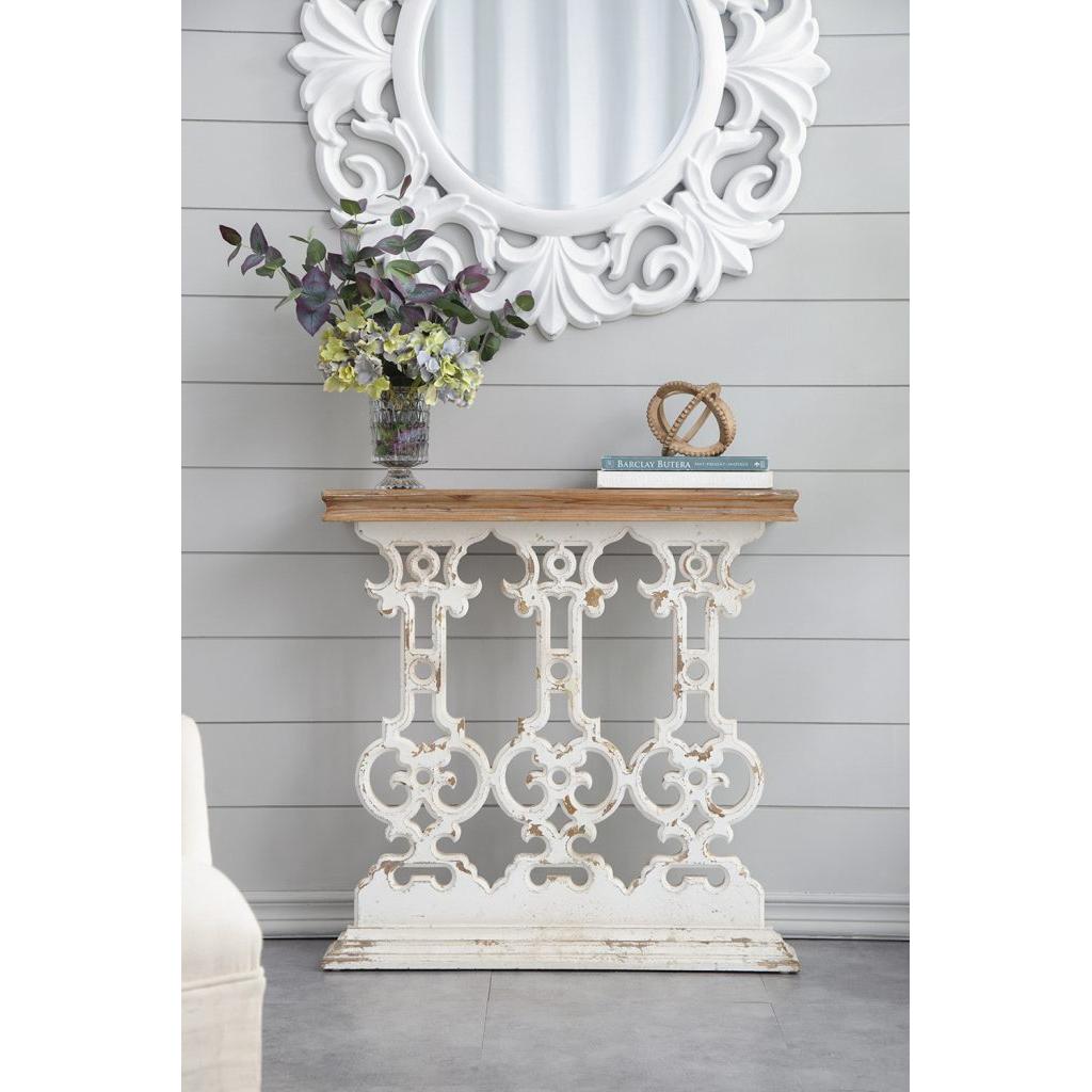 A&B Home Alcott 32" x 32" Bundle of 12 Warm Wood Top and Whitewash Console Table With Scrollwork Design