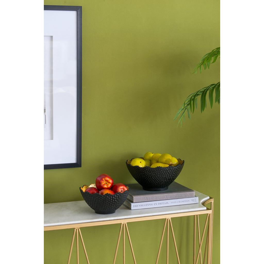 A&B Home Set Of Two Bundle of 29 Round Large and Small Textured Black With Gold Interior Bowl