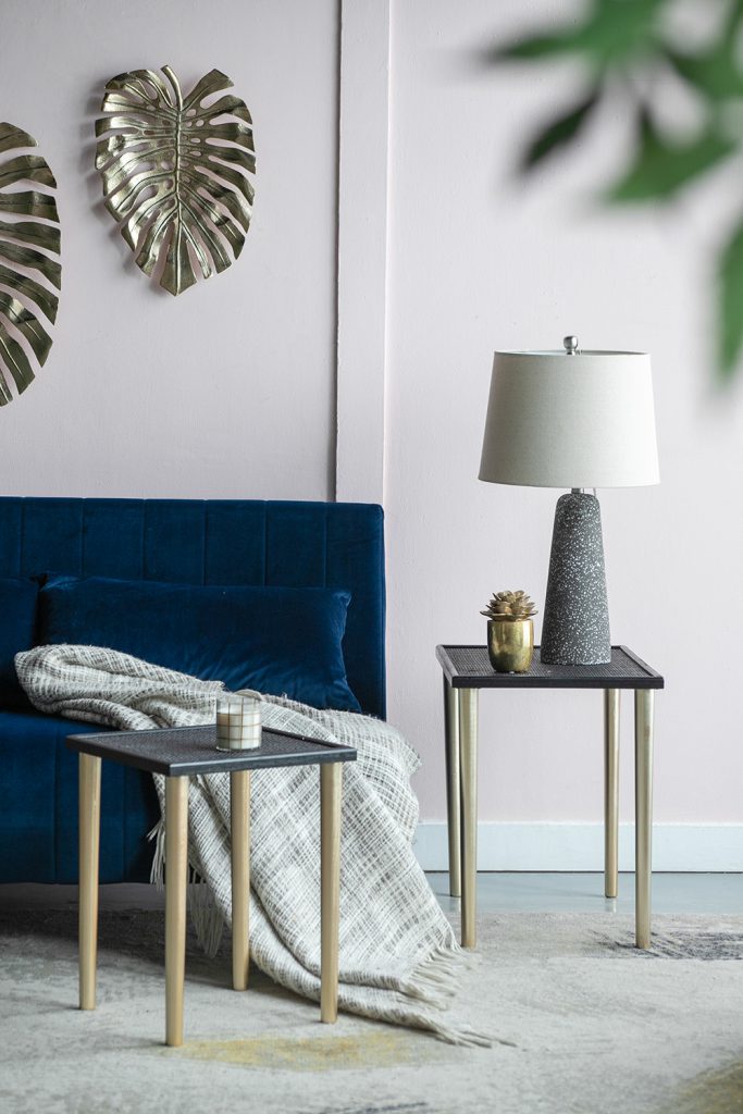 A&B Home Set of Three Bundle of 13 Rectangular Black Rattan Tabletop Side Tables With Gold Wooden Legs