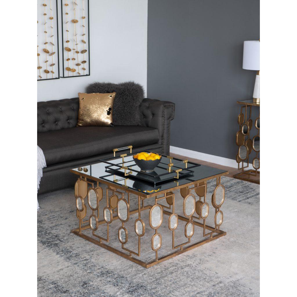 A&B Home Wynland 32" x 19" Set of 6 Pieces Rectangular Mirror Tabletop With Gold Metal Base Coffee Table