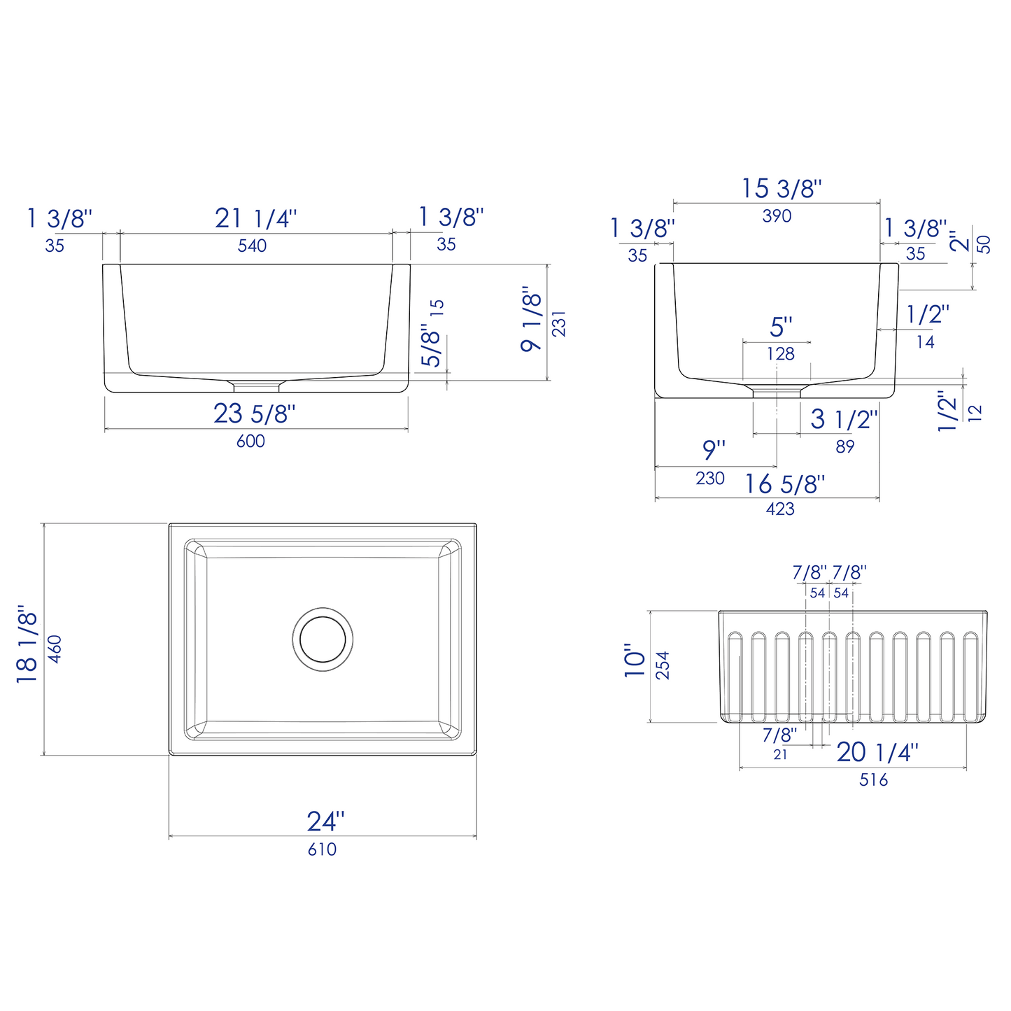 ALFI Brand AB2418HS-B 24 inch Biscuit Reversible Smooth / Fluted Single Bowl Fireclay Farm Sink