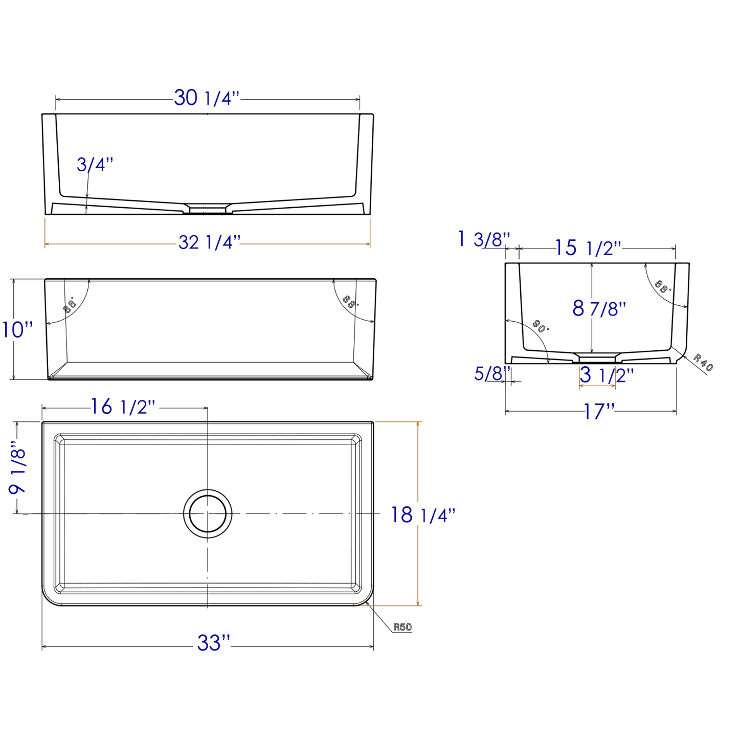 ALFI Brand AB3318SB-B 33" Biscuit Smooth Apron Solid Thick Wall Fireclay Single Bowl Farm Sink