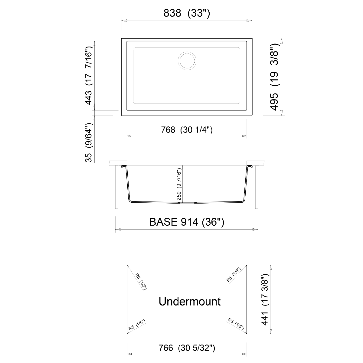 ALFI Brand AB3322UM-T Titanium 33" Single Bowl Undermount Granite Composite Kitchen Sink