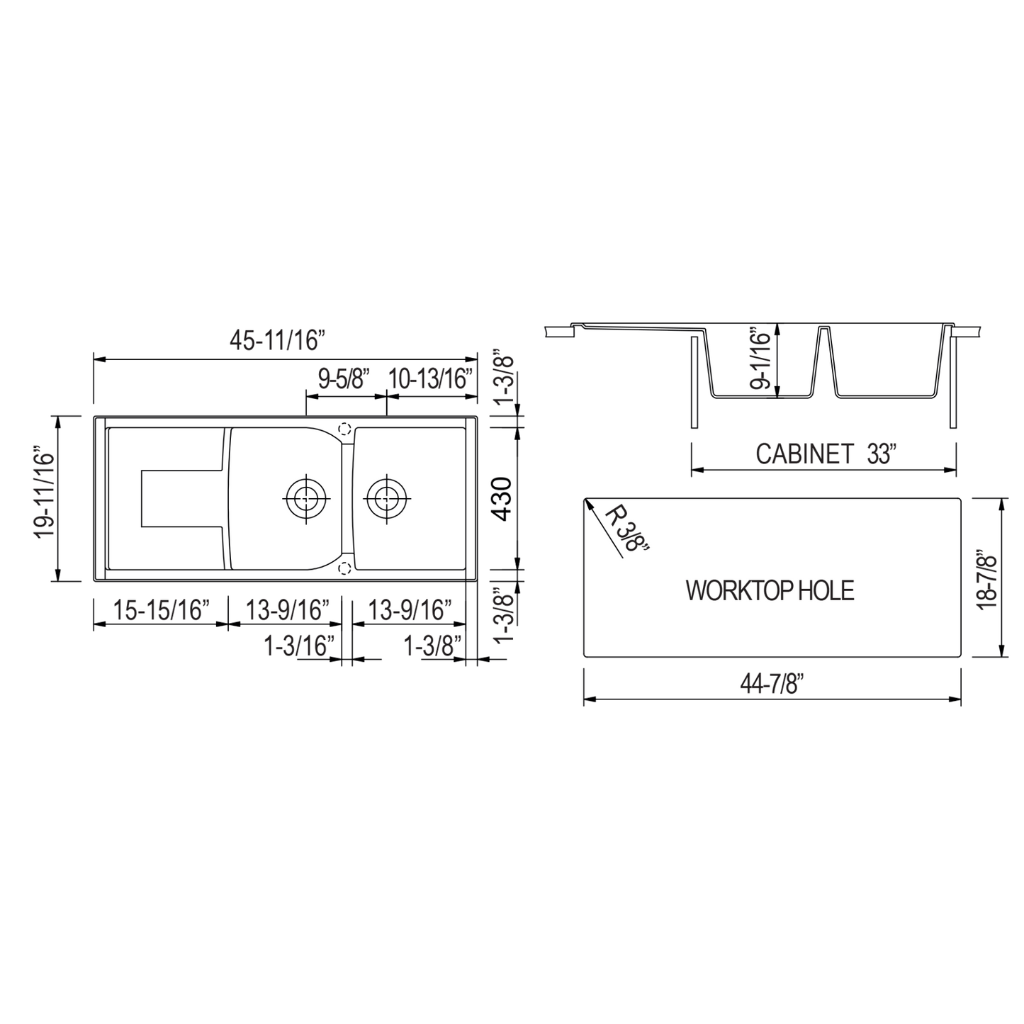 ALFI Brand AB4620DI-T Titanium 46" Double Bowl Granite Composite Kitchen Sink with Drainboard