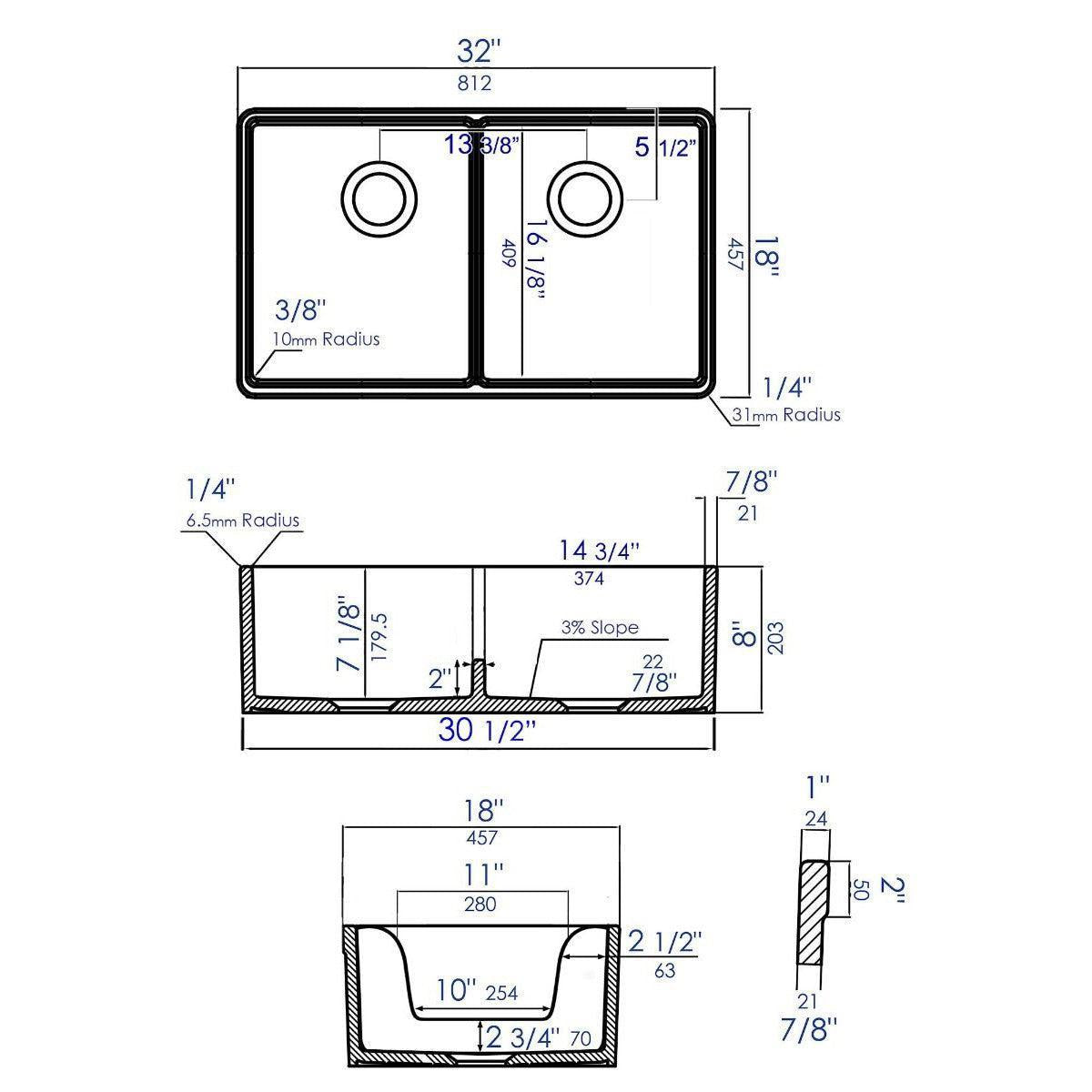 ALFI Brand AB5123-W White 32" Short Wall Double Bowl Lip Apron Fireclay Farmhouse Kitchen Sink