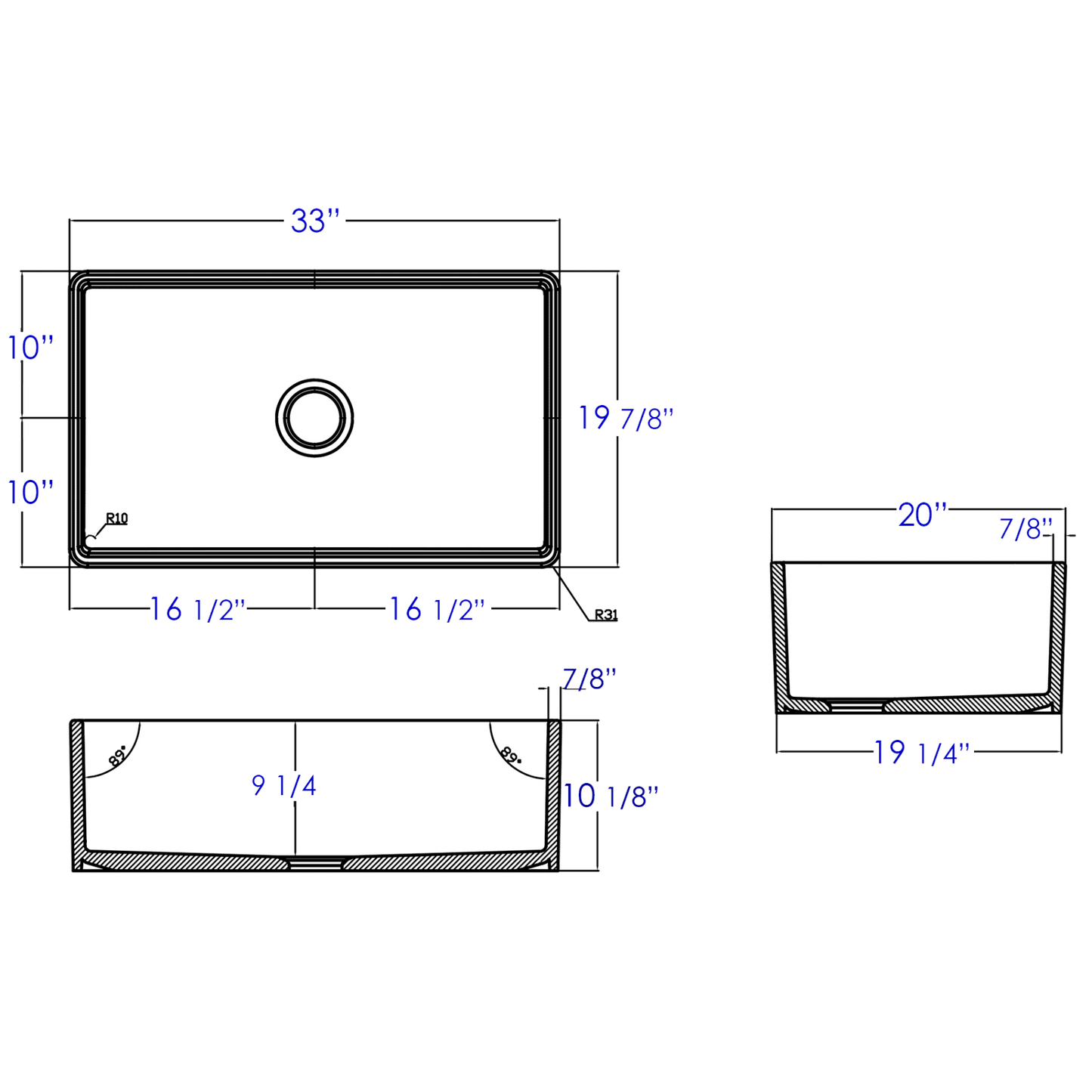ALFI Brand AB533-B 33" Biscuit Smooth Apron Single Bowl Fireclay Farm Sink