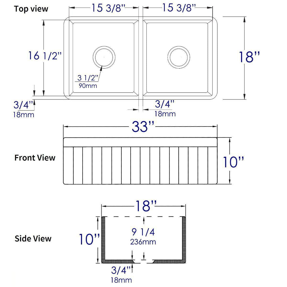 ALFI Brand ABF3318D-W White Smooth Apron 33" x 18" Double Bowl Fireclay Farm Sink