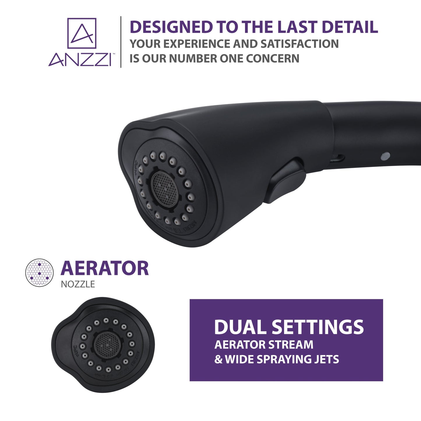 ANZZI Accent Series Single Hole Matte Black Kitchen Faucet With Euro-Grip Pull Down Sprayer and 360-Degree Turning Spout