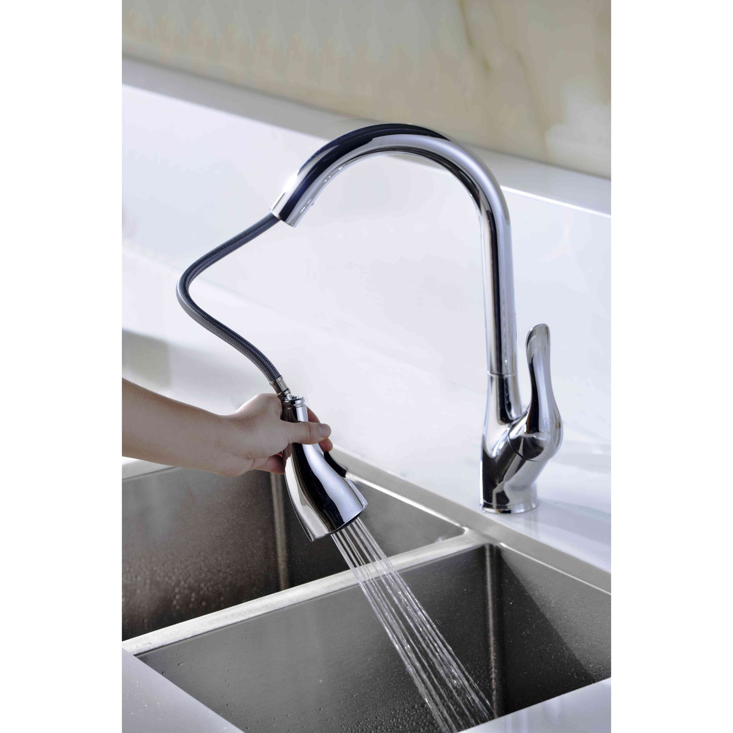 ANZZI Accent Series Single Hole Polished Chrome Kitchen Faucet With Euro-Grip Pull Down Sprayer and 360-Degree Turning Spout