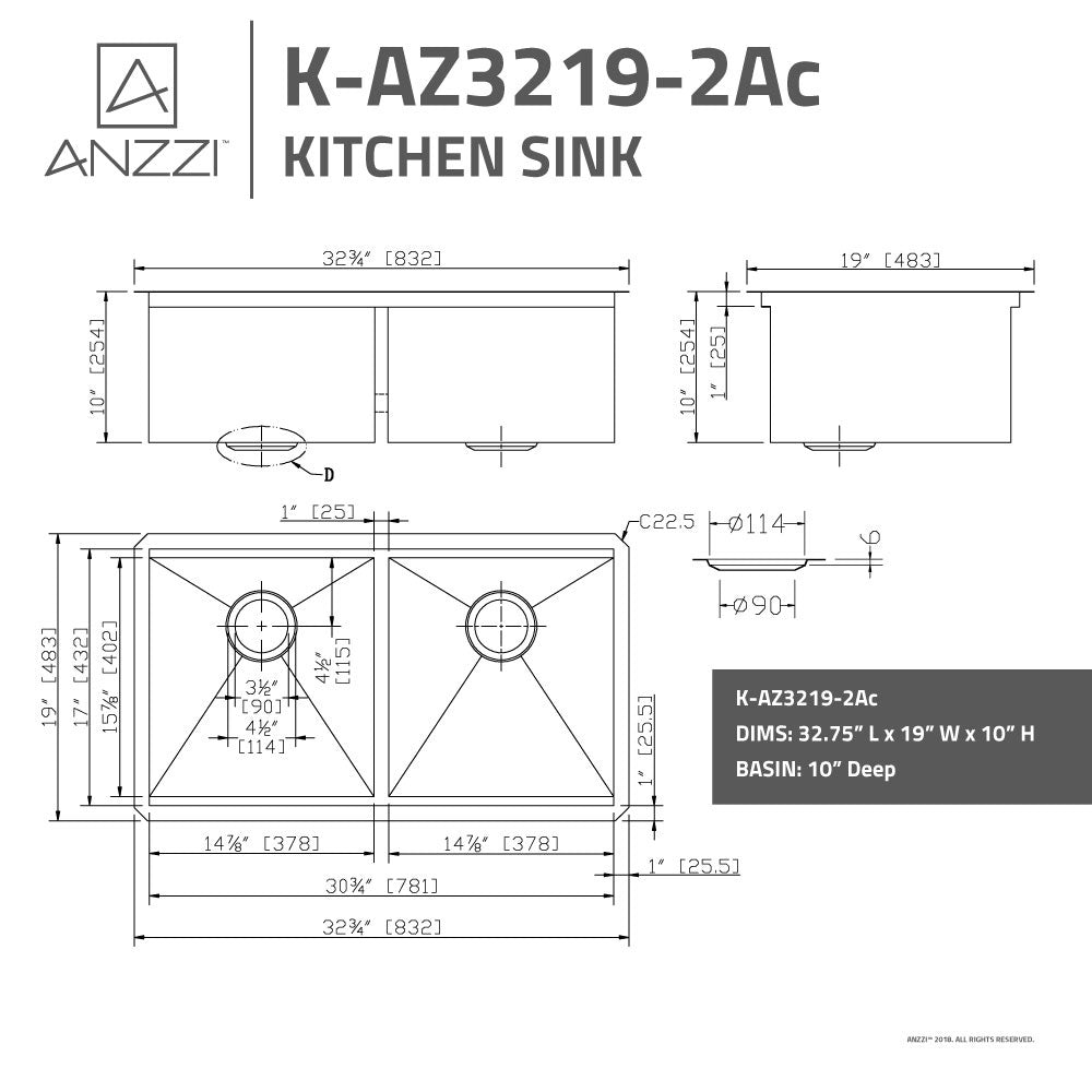 ANZZI Aegis Series 33" Double Basin 50/50 Stainless Steel Undermount Kitchen Sink With Cutting Board and Colander