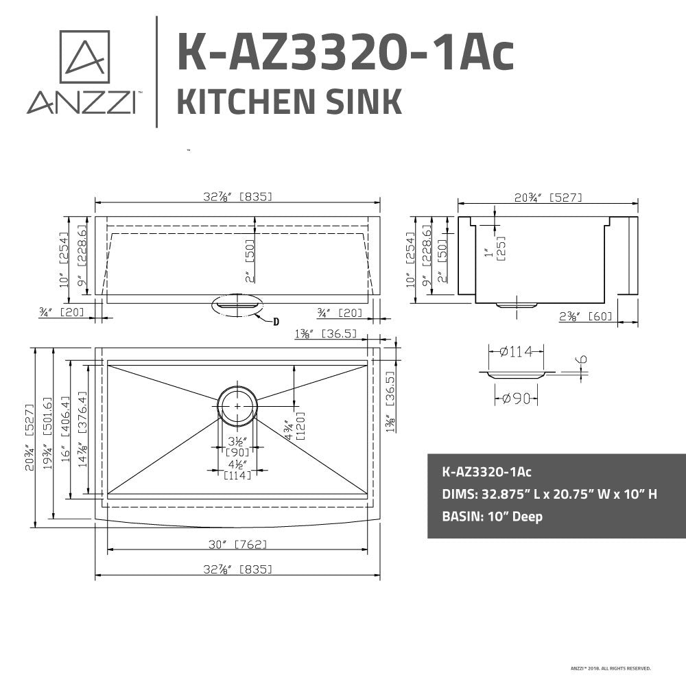 ANZZI Aegis Series 33" Single Basin Stainless Steel Farmhouse Kitchen Sink With Cutting Board and Colander
