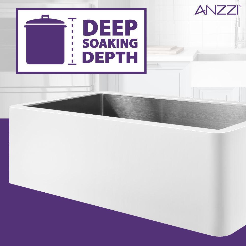 ANZZI Apollo Series 36" Single Basin Matte White Solid Surface Farmhouse Kitchen Sink With Chrome Strainer and Drain Assembly