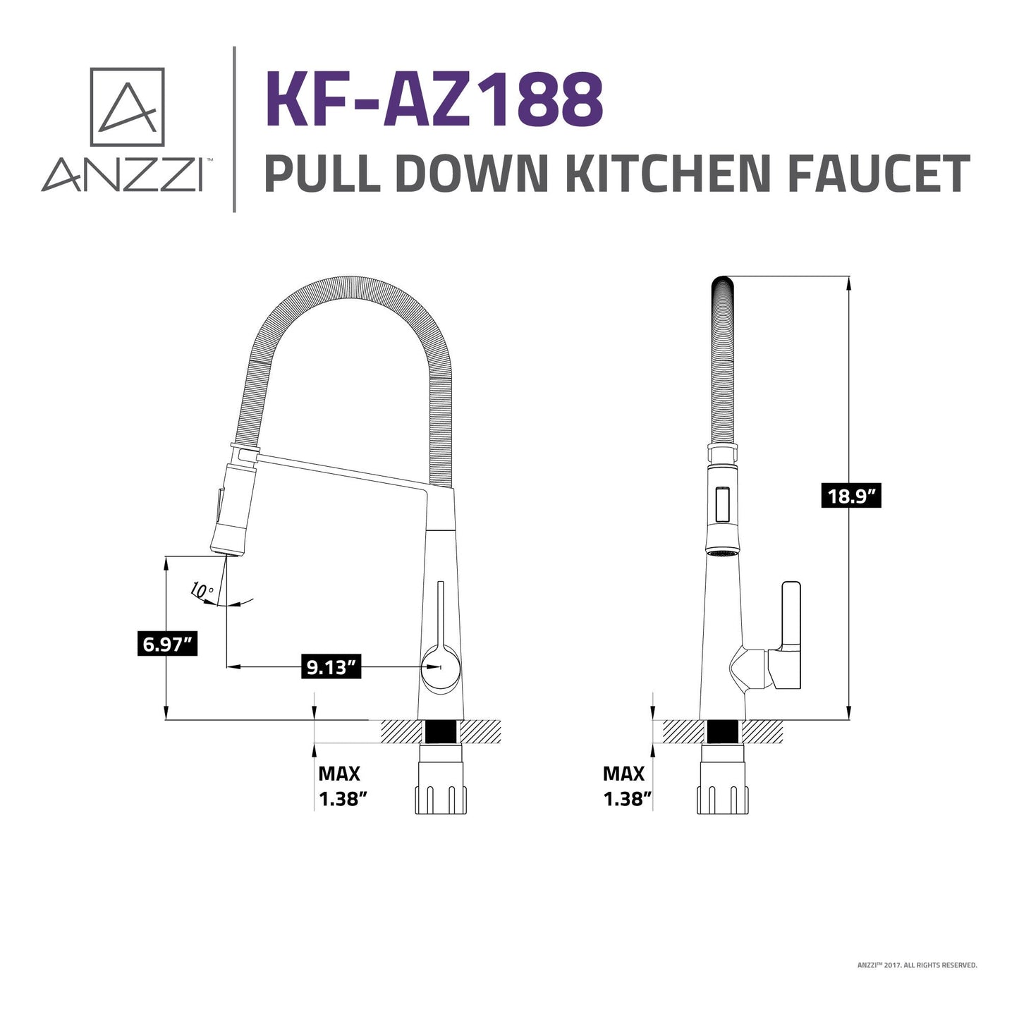 ANZZI Apollo Series Single Hole Brushed Nickel Kitchen Faucet With Euro-Grip Pull Down Sprayer