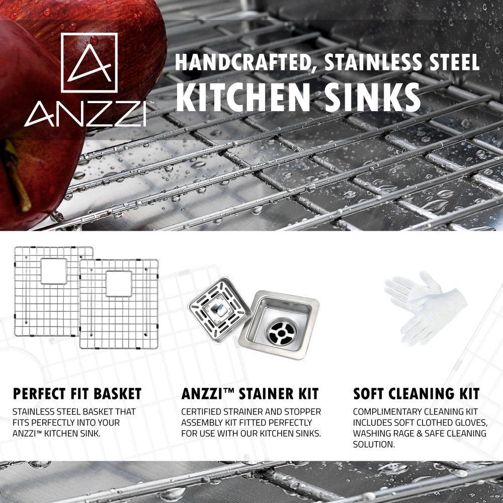 ANZZI Elysian Series 36" Double Basin 60/40 Stainless Steel Farmhouse Kitchen Sink With Strainer Kit, Strainer Basket, Soft Cleaning Kit and Polished Chrome Opus Faucet