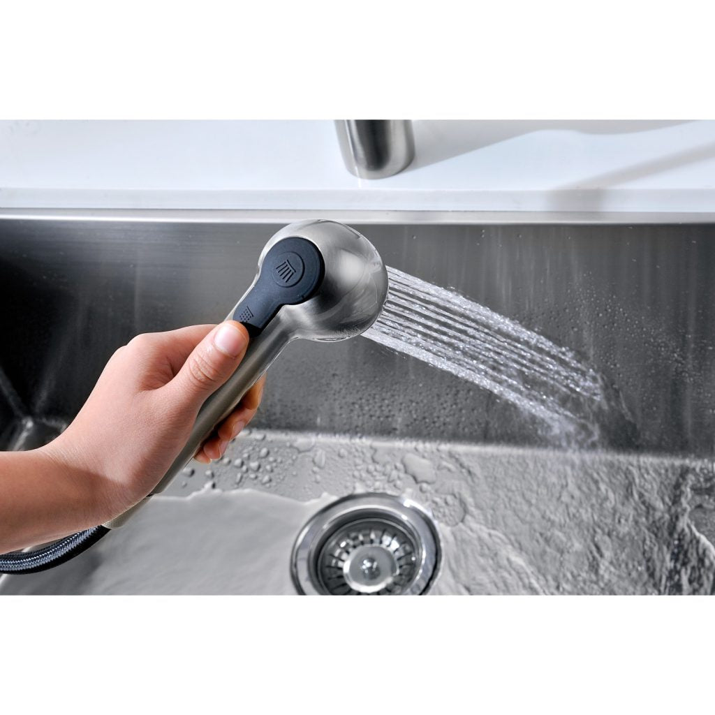 ANZZI Harbour Series Single Hole Brushed Nickel Kitchen Faucet With Euro-Grip Pull Down Sprayer and 360-Degree Turning Spout