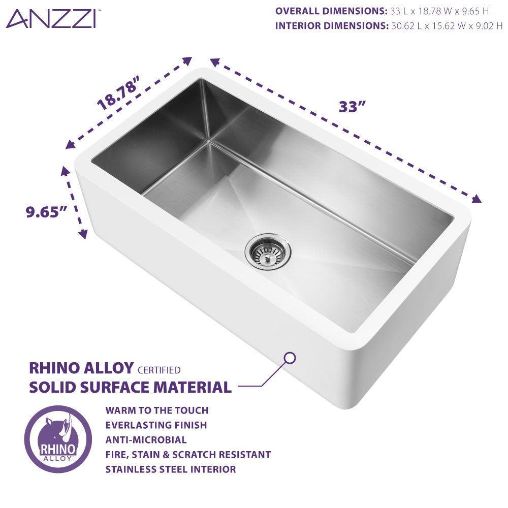 ANZZI Nepal Series 33" Single Basin Matte White Solid Surface Farmhouse Kitchen Sink With Chrome Strainer and Drain Assembly