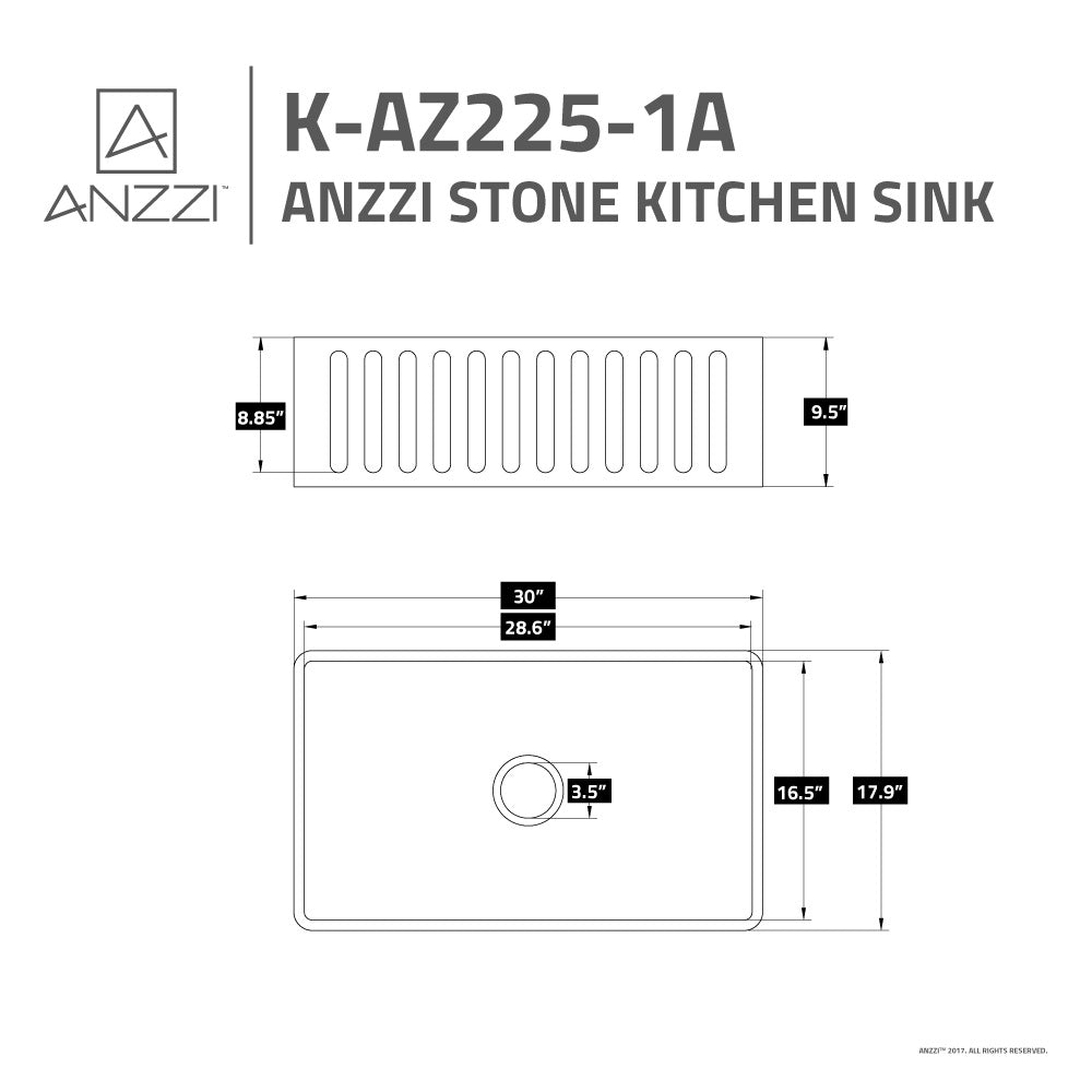ANZZI Roine Series 30" x 18" Matte White Single Solid Surface Farmhouse Kitchen Sink