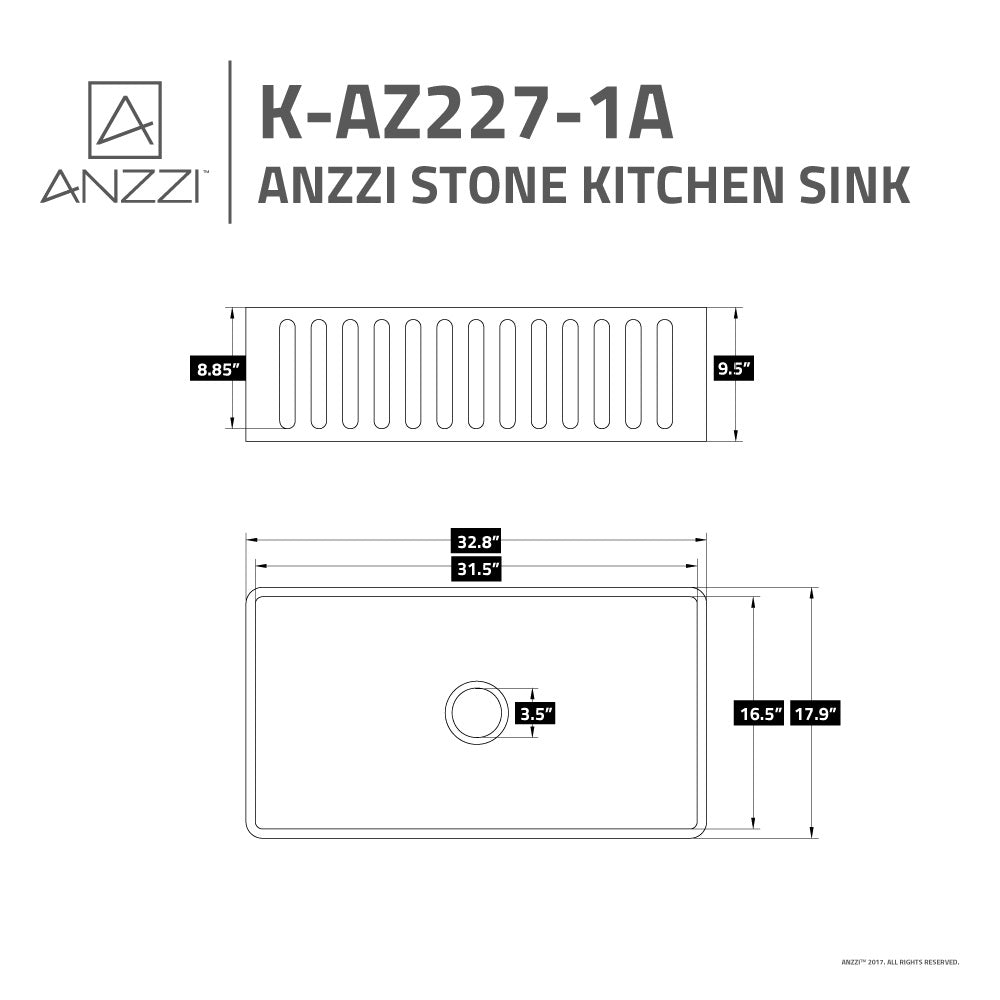 ANZZI Roine Series 33" x 18" Matte White Single Solid Surface Farmhouse Kitchen Sink