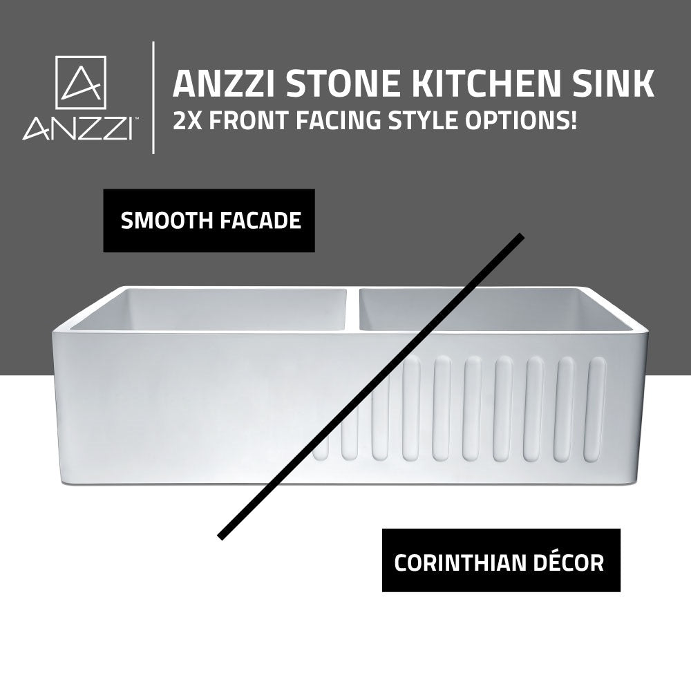 ANZZI Roine Series 35" x 18" Glossy White Double Solid Surface Farmhouse Kitchen Sink