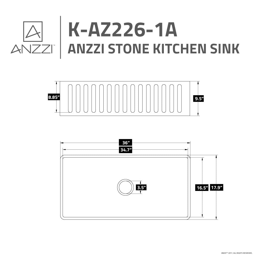 ANZZI Roine Series 36" x 18" Matte White Single Solid Surface Farmhouse Kitchen Sink