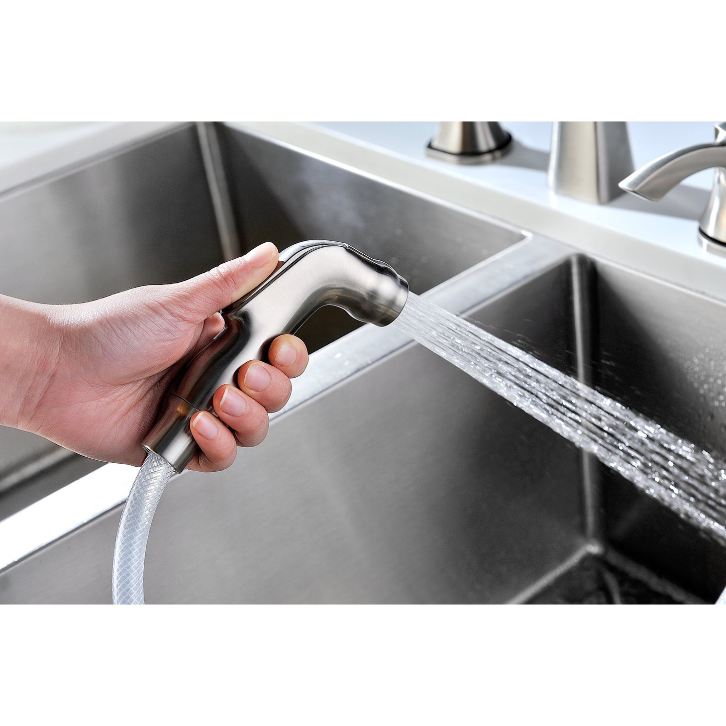 ANZZI Soave Series Double Hole Brushed Nickel Kitchen Faucet With Euro-Grip Pull Out Sprayer and 360-Degree Turning Spout