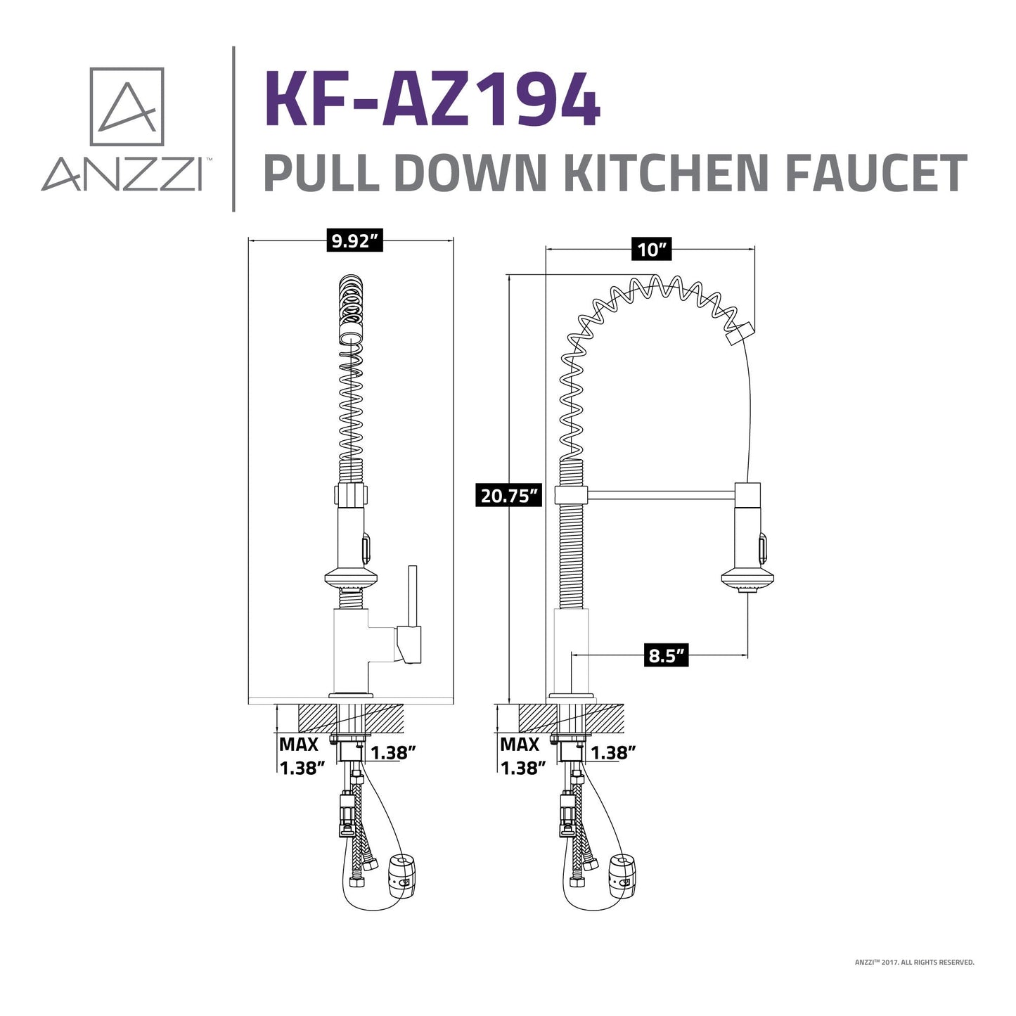 ANZZI Step Series Single Hole Polished Chrome Kitchen Faucet With Euro-Grip Pull Down Sprayer