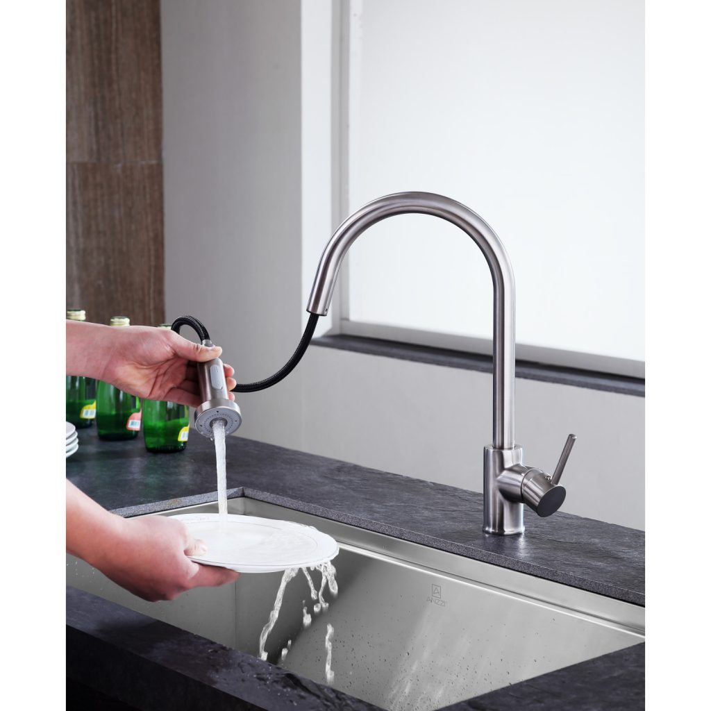 ANZZI Tycho Series Single Hole Brushed Nickel Kitchen Faucet With Euro-Grip Pull Down Sprayer