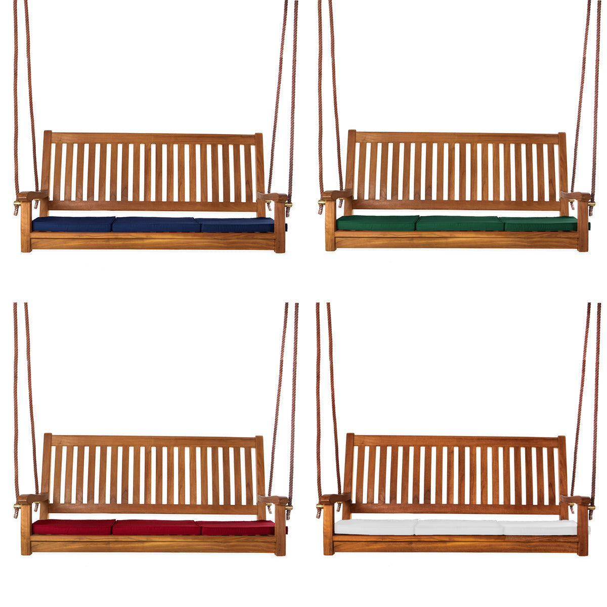 All Things Cedar Teak Swing with Blue Cushions