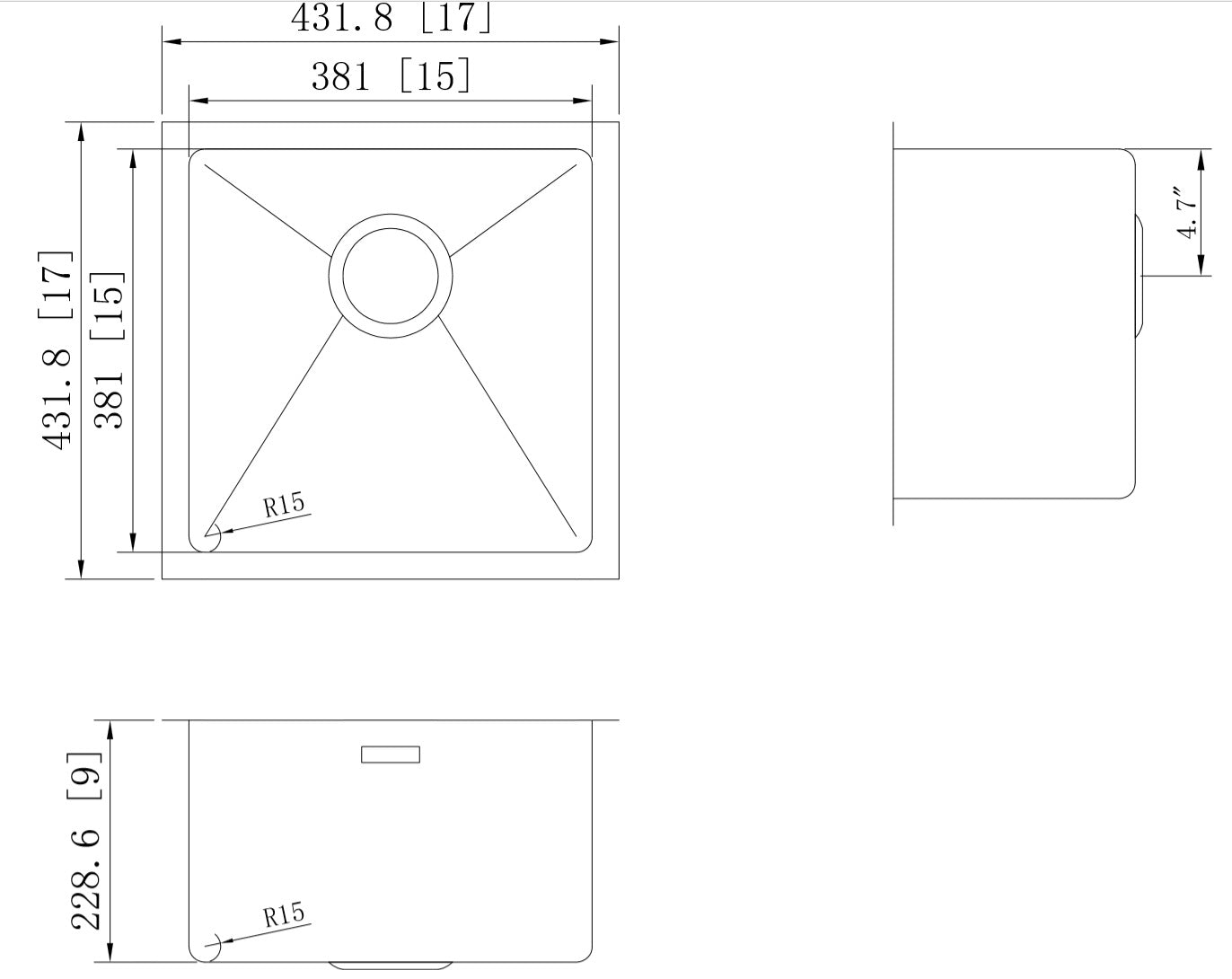 American Imaginations AI-27421 Square Stainless Steel Stainless Steel Kitchen Sink with Stainless Steel Finish