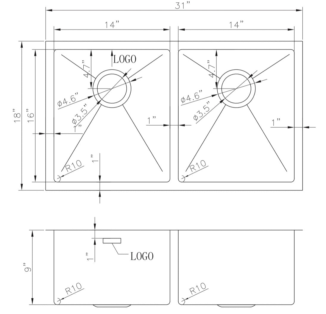 American Imaginations AI-27475 Rectangle Stainless Steel Stainless Steel Kitchen Sink with Stainless Steel Finish