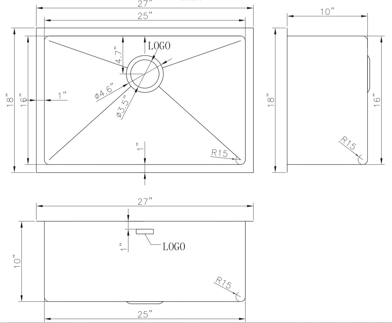 American Imaginations AI-27516 27" Stainless Steel Rectangle Stainless Steel Modern Kitchen Sink