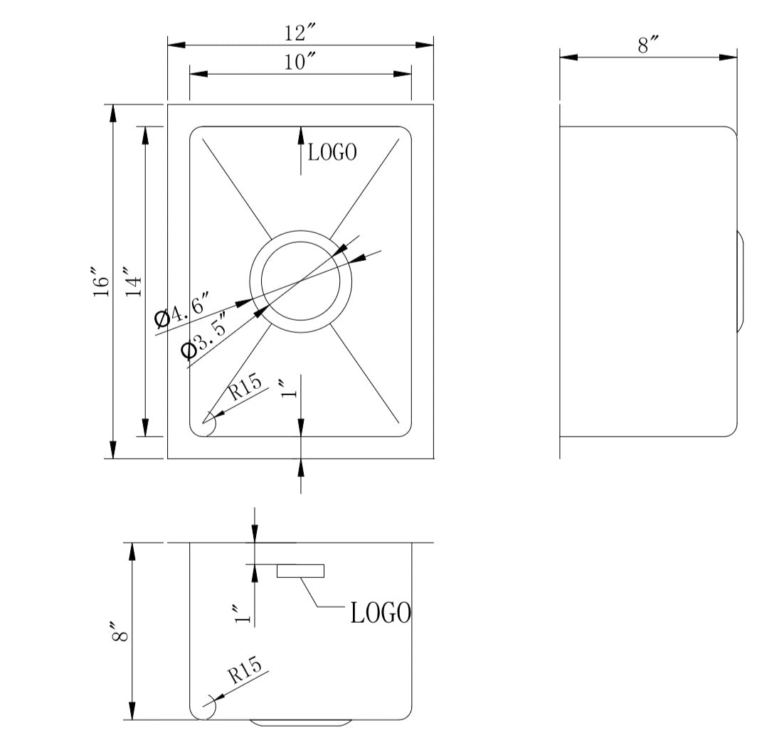 American Imaginations AI-27532 12" Stainless Steel Rectangle Stainless Steel Modern Kitchen Sink