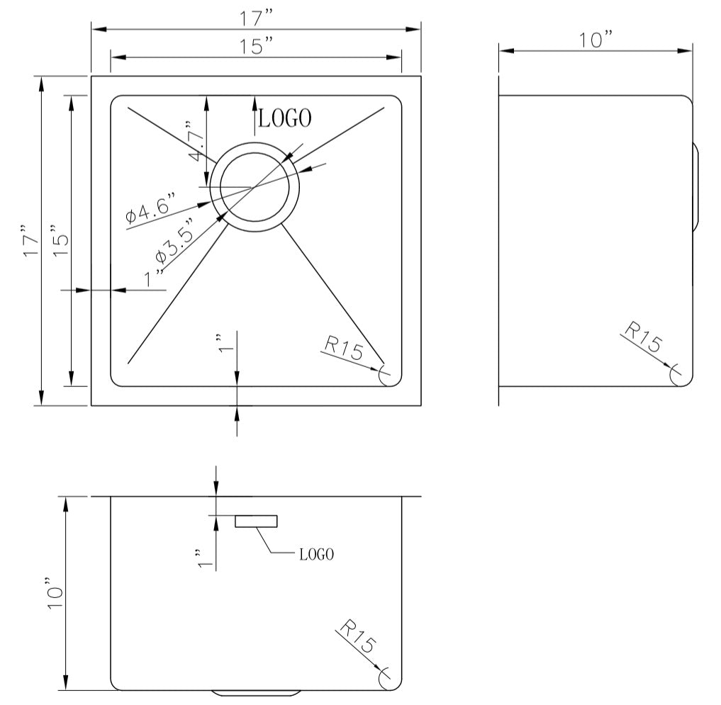 American Imaginations AI-27658 17" Stainless Steel Square Stainless Steel Modern Kitchen Sink