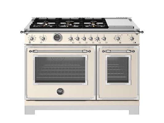 Bertazzoni Heritage Series 48" 6 Brass Burners Avorio Propane Gas Range With 7 Cu.Ft. Electric Self-Clean Double Oven and Electric Griddle