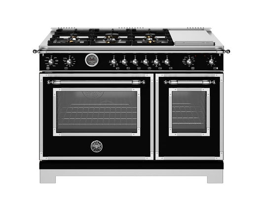 Bertazzoni Heritage Series 48" 6 Brass Burners Nero Matt Dual Fuel Range With 7 Cu.Ft. Electric Self-Clean Double Oven and Electric Griddle